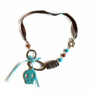 CREATION -Skull short necklace - ruban bead fabric Aqua brown copper